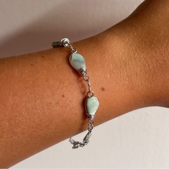 Handmade Larimar Gemstone Bracelet – Boho Silver Wire Wrapped - Picture 4 of 6